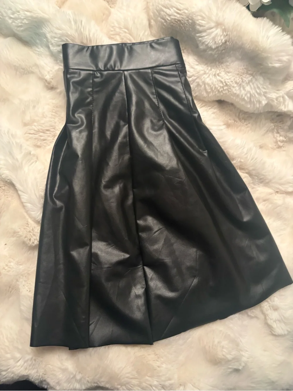 Faux Leather Black Pleated Skater Skirt